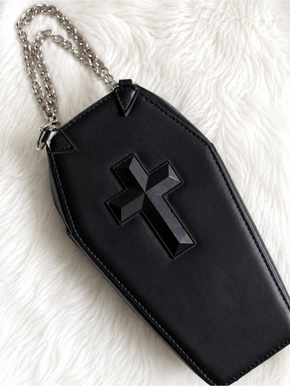 Vintage Coffin Cross Accent Handheld Bag Black Faux Leather Red Interior Goth